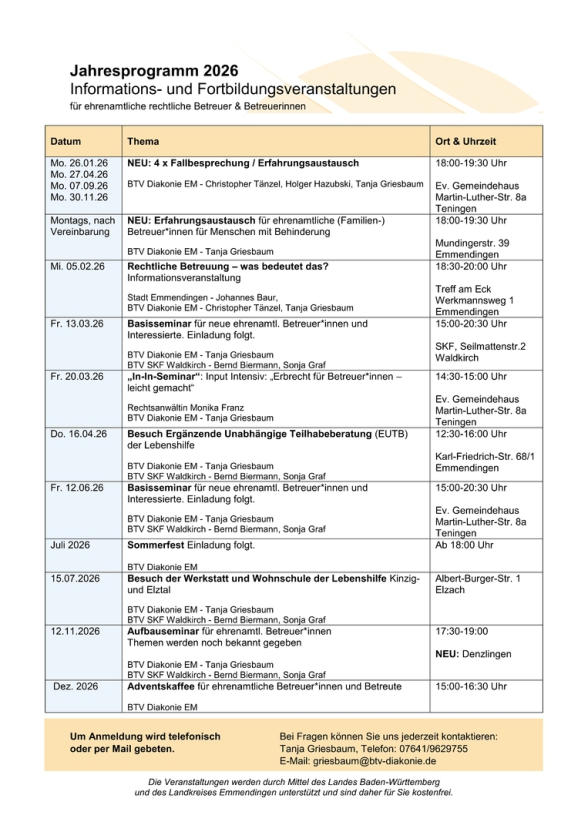 Tabelle zu den Informations- und Fortbildungsveranstaltungen im Jahr 2026.